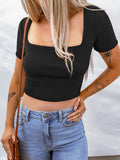 New Women's Dress Square Neck Thread Pit Knitted Short-Sleeved Blouse Umbilly Dressed Short-Sleeved Women's T-Shirt