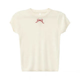Blue Bow Embroidered Thin Knitted Short-Sleeved T-Shirt Women 2025 New Fashion Shoulder Shirt Top