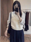 Fake Two Stripes Spliced Knitted Long-Sleeved Shirt Women's Spring And Autumn New Leisure College Style Stacking Cloth