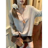 Apricot V-Neck Plus Thick Collar Long-Sleeved Knitted Sweater Women's Autumn And Winter Loose Blouse Bottom Shirt