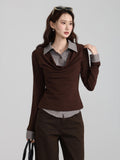 Korean College Style Fake Two Striped Shirt Collar Long Sleeves Of Women 2026 Autumn Slimming Inside The Bottom Of The Top