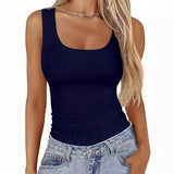 2025 Women's Collar Ribs T-Shirt Without Sleeveless Elastic Repair Basic Vest Women's Top Hottie