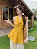 Design Sense Tucked Solid Color Sleeveless Hanging Neck Sling Vest Women Summer Seaside Waist Unique Temperament Outside The Coat