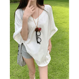 Large-Size Women's White Languid T-Shirt Women Summer Fat Mm Loose Belly V Collar Short-Sleeved Top Casual T-Shirt