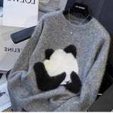 Designing Cartoon Panda Knitted Women 2025 Autumn And Winter New Chic Sweater Loose Top Inside The Bottom