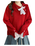 High-End Red Sweater Autumn And Winter 2025 New Large-Size Women's Fat Mm Beautiful Lace Spliced Knitted Shirt Top