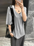 Lazy Boyfriend Wind Loose Deep V-Neck Half-Sleeved T-Shirt Girl Summer Leisure Long-Term Large Version Of The Pure Color Top Tide