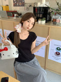 Solid Color Basic Round-Neck Short-Sleeved T-Shirt Women 2026 Summer New Plug-In Sleeve Design Sense Unique Special Coat