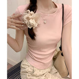 Summer Pure Dopamine Round Necker Shoulder Short T-Shirt Design Sense Flying Sleeves Wrinkle Waist Repair Body Coat