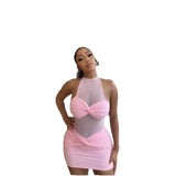 2025 Summer Women's Net Yarn Dress Sexy Sleeveless Hanging Neck Tidal Bag Hip Short Dress