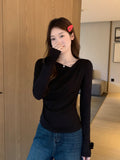 Apricot Out Shoulder Collar Long-Sleeved T-Shirt Girl 2026 Autumn Sweet Hottie Design Folded Waist One-Word Shoulder Coat