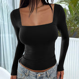 Dili 2025 Spring And Summer Y2K New Square Collar Long Sleeves Tight Casual Fashion Top Lady