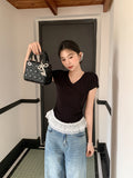 Sweet Hem Lace Splicing Short Sleeves Straight Shoulder T-Shirt 2026 Summer Folding Waist Design Blouse