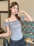 Spice Girls Sexy One-Word Collared Shoulder Wood Ear Pure Desire Short-Sleeved T-Shirt Girl Summer New Super-Good-Looking Repair Body