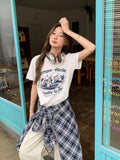 Summer Super Fire Lazy Style White Shoulder Collar Short-Sleeved Women Wearing Letter Print Loose Thin Top
