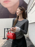 Pure Korean Version Of Sexy Babes Splicing Design Long-Sleeved T-Shirt Girls Spring Summer New Folding Waist Top