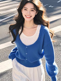 Blue Fake Two Design Knitted Sweater Women's 2025 Spring Dress New Wear Cool Twig Sister Top