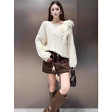 Korean Languid Three-Dimensional Flowers Purple Knitted Shirt Women 2025 Autumn And Winter New Loose Thin Sweater Top Tide