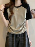 Vintage Shoulder-Sleeved T-Shirt Women's New Summer Design Small Drawstring Thin Cotton T-Shirt