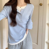 This Year's Popular Splicing Button Half-Open-Neck Long Sleeves Hit Two T-Shirts Women's Gas Hit Bottom Shirt Tops