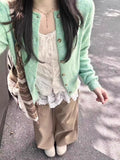 Mint Green Roll-Up Knitted Cardigan Sweater Coat Woman New Spring And Autumn Soft Glutinous Early Autumn Outside The Top
