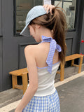 Korean Pure Sweet And Spicy Embroidered Flowers Spliced Sling Vest Women's Summer New Sleeveless Hanging Neck Top