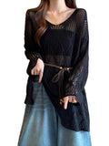 Lazy Wind Wearing A Hollow Knitted Shirt Women 2025 Spring And Summer Harvest In The Middle Of The Long Outer Hoodie Shirt Thin Sunscreen