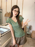 Green Plants Wearing Shoulder Thin Short-Sleeved T-Shirt Women's Summer New Slim 2026V Collar Small Top