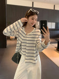 Blue And White Stripes Spliced Colliding Color Knitted Long-Sleeved Cardigan Women 2026 Early Autumn New Loose Feeling Loose Shoulder Coat