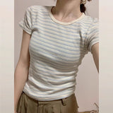 Bm Sweet Spicy Wind Shoulder Short Sleeve T-Shirt Design Sense Of Color Stripe Repair Bottom Summer Top