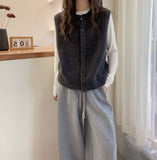 Simple Atmosphere~Retro Spring And Autumn Knitted Vest Women Folded Round-Neck Cardigan Sweater Shoulder Sleeveless Top Tide