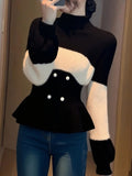 Gentle Little Fragrant Black And White Half-High Collar Lotus Side Long-Sleeved Sweater Knitted Women's Autumn And Winter Repair