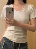 U-Neck Gray With Short-Sleeved T-Shirt For Girls Summer Slime Half-Sleeved Top Low-Necked Shoulder Trussins