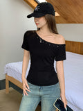 Slanted Shoulder Black Short-Sleeved T-Shirt 2026 Summer New Hot Diamond Design With A Unique Temperament Blouse