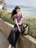 One-Word Shoulder Slimming Folded Short-Sleeved T-Shirt High-Waisted Floral Skirt 2026 Summer Fashion Suit Women Ins