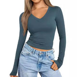 2025 Women's Long-Sleeved Autumn Fashion Blouse V-Neck Basic Style T-Shirt Splicing Design