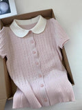 French Sweet And Gentle Pink Doll Collar Knitted Short-Sleeved T-Shirt For Girls Summer New Slimming Temperament Top