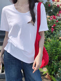 Pink U-Neck Shoulder Short-Sleeved Women's T-Shirt Summer New Large-Size Fat Mm Shaved Stomach Big Thin Loose Tops Hidden Meat