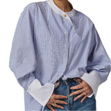 Spring And Summer New Top Design Sense Of Small Casual Cotton Round-Neck Tea Striped Shirt Woman