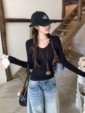 White V-Neck Shoulder Long-Sleeved T-Shirt 2026 Autumn New Bottoming Shirt Inside The Slim Atmosphere Of The Woman