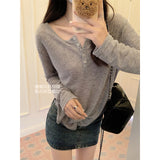 Korean Loose Lazy Wind Long-Sleeved T-Shirt Girl Spring New Design Sense Half-Open Collar Sexy Pure Want To Wear Clothes