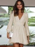 Wish Selling New Dress Women's V-Neck Elegant 100-Folded Dress Lotus Leaf Side French Dress