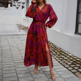 Dili 2025 Autumn And Winter Women's Temperament Elegant V Collar High-Waist Print Dress