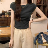 Summer Pure Dopamine Round Necker Shoulder Short T-Shirt Design Sense Flying Sleeves Wrinkle Waist Repair Body Coat