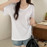 Summer New Cotton Short-Sleeved T-Shirt Women's White U-Collar Chic Loose Low-Neck Base Shirt Top