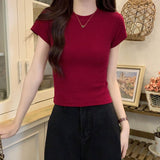 Red Retro Short White Women's Top Summer Tight Shoulder Sweet Hottie French Chic Short-Sleeved T-Shirt