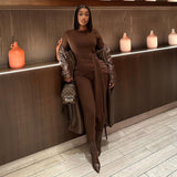 New Autumn Sexy Open-Fork Trousers Strapped With Hips Long Dress Tice High-Collared Collars Jumpsuit