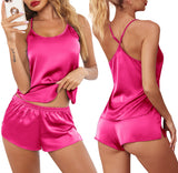 Summer Ladies Homewear Slings High-Colbute Simulation Silk Shorts Two-Piece Pajamas Set