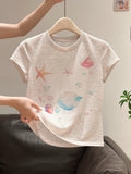Korean Printing Slim Thin Round Neck T-Shirt 2026 Summer New Front Shoulder Design Short Top