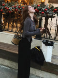 Grey Gentle Style Horn Sleeve With Knitted Sweater Women's Autumn And Winter 2025 New Korean Wear Top